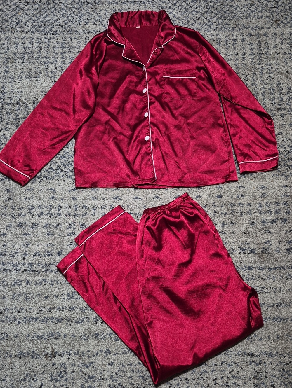 Source Unknown Red Satin Pajama Set with White Piping